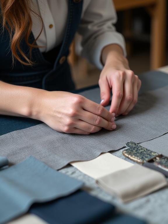 デザイナーが生地サンプルを慎重に調べている様子。品質へのこだわりを象徴している。