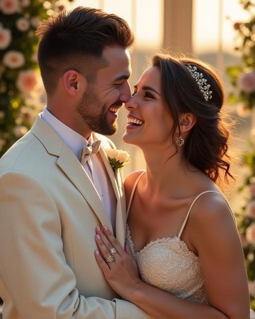 結婚式でセレモニアルスーツを着て笑顔を見せるカップル。
