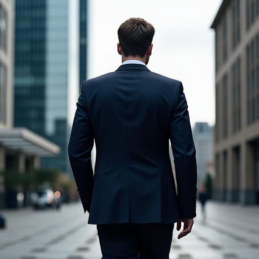 オフィス街を背景に、ビジネススーツを着て歩く人物の後ろ姿。